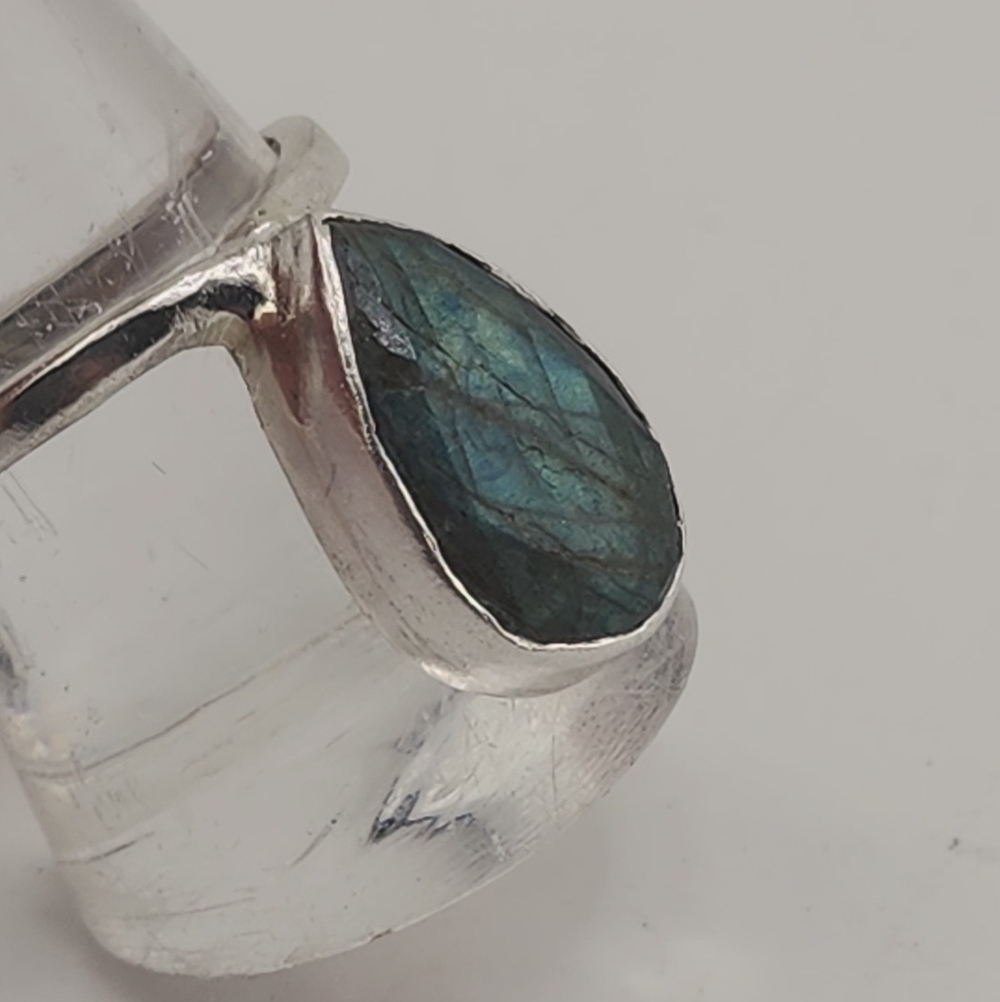 LABRADORITE TEAR DROP STONE ROSE-CUT HANDMADE STERLING SILVER RING SIZE 9